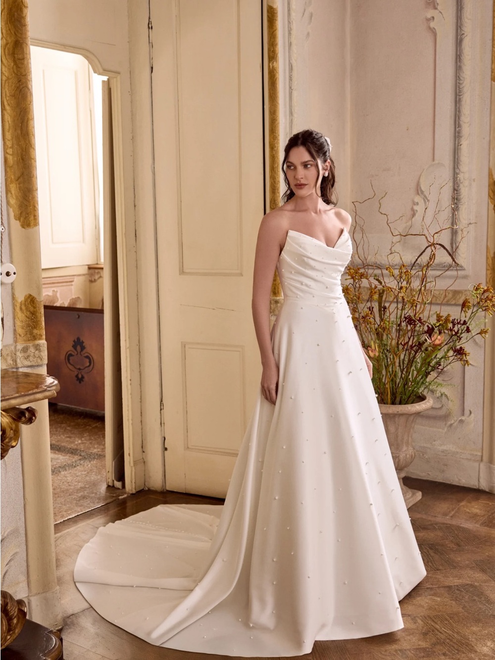 Justin Alexander Lizzie 88475 Pearl Charmeuse Wedding Dress Ivory Size 12